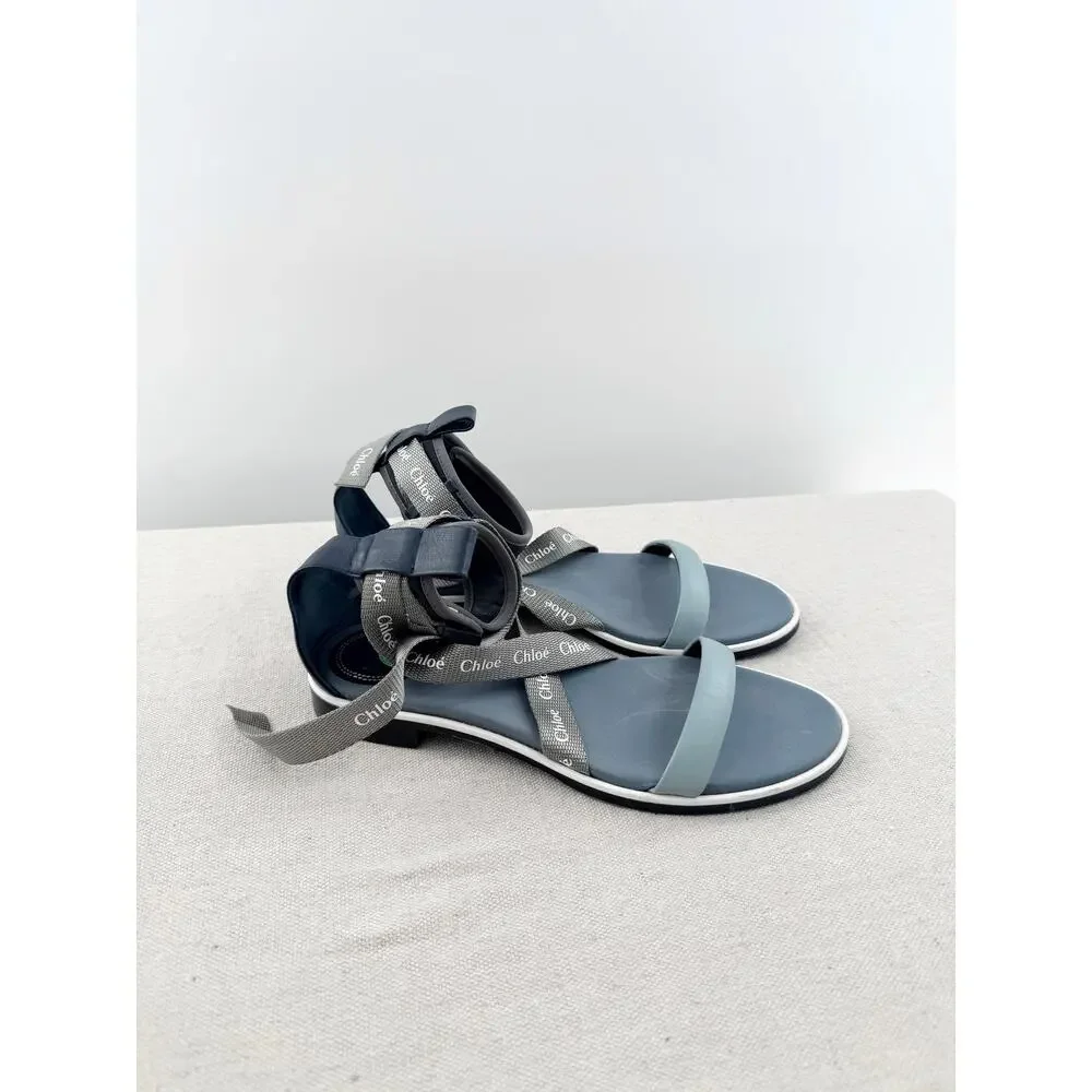 Chloé Sporty Logo Slip On Ankle Strap Flat Sandal Light Blue Women's EU 39 1/2